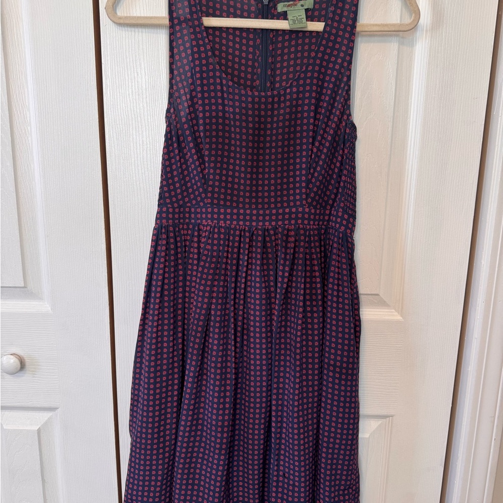 Maple 100% Silk Navy and Red Smock Waist Scoop Neck Sleeveless Dress size 2 - Picture 3 of 14
